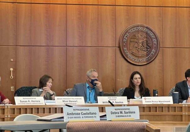 Legislators Listening to Presentation, pictured: Senator Mimi Stewart (left), Vice Chairman William Soules, LESC Director Gwen Warniment (right).